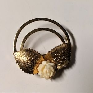 Vintage Double Circle Gold Tone Brooch Pin With Faux Ivory Rose Flower Leaves